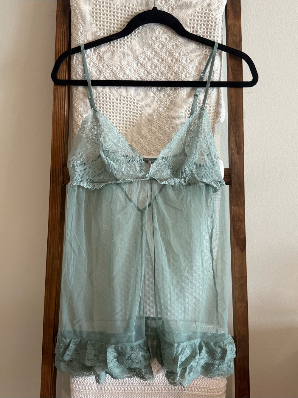 NWOT Victoria’s Secret Sage Green Lace & Mesh Open Front Slip Dress